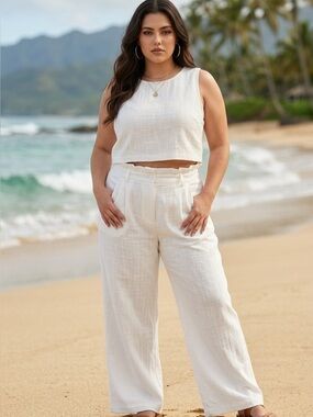 Honey Belle White Textured Paperbag Waist Pants With Belt